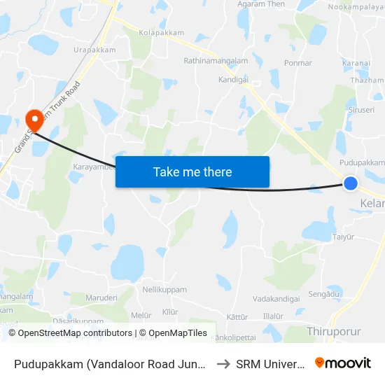 Pudupakkam (Vandaloor Road Junction) to SRM University map