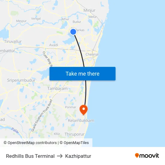 Redhills Bus Terminal to Kazhipattur map