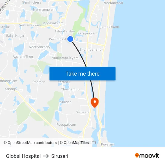 Global Hospital to Siruseri map