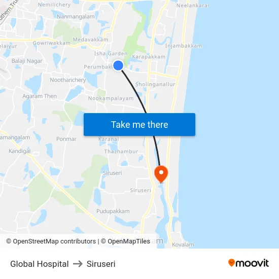 Global Hospital to Siruseri map