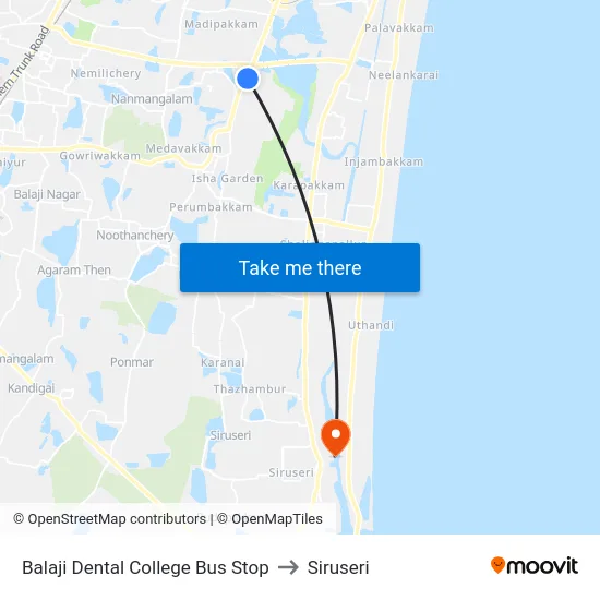 Balaji Dental College Bus Stop to Siruseri map