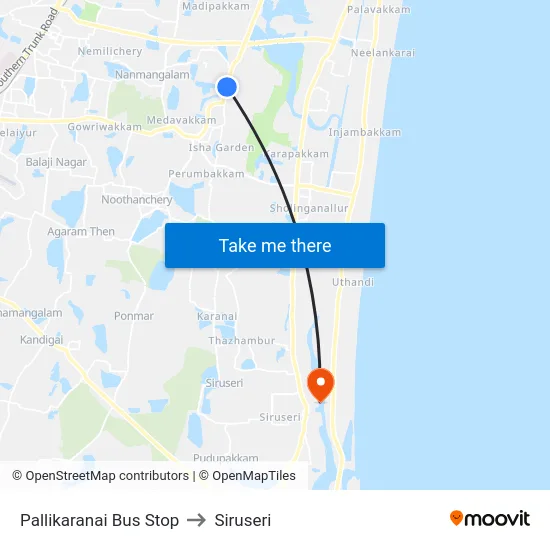 Pallikaranai Bus Stop to Siruseri map