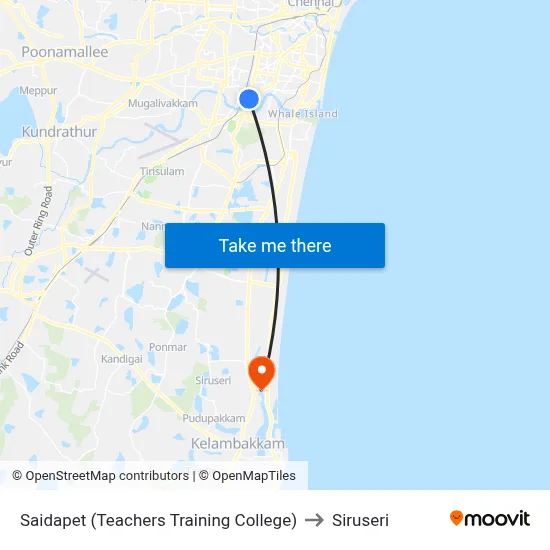 Saidapet (Teachers Training College) to Siruseri map