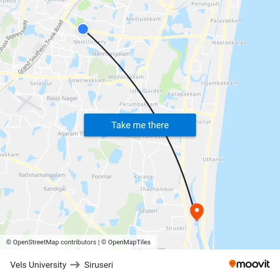 Vels University to Siruseri map