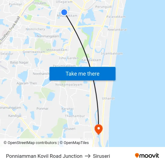 Ponniamman Kovil Road Junction to Siruseri map