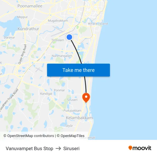 Vanuvampet Bus Stop to Siruseri map