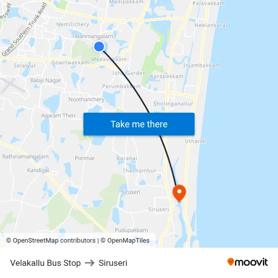 Velakallu Bus Stop to Siruseri map