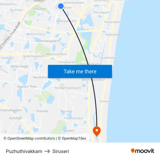 Puzhuthivakkam to Siruseri map