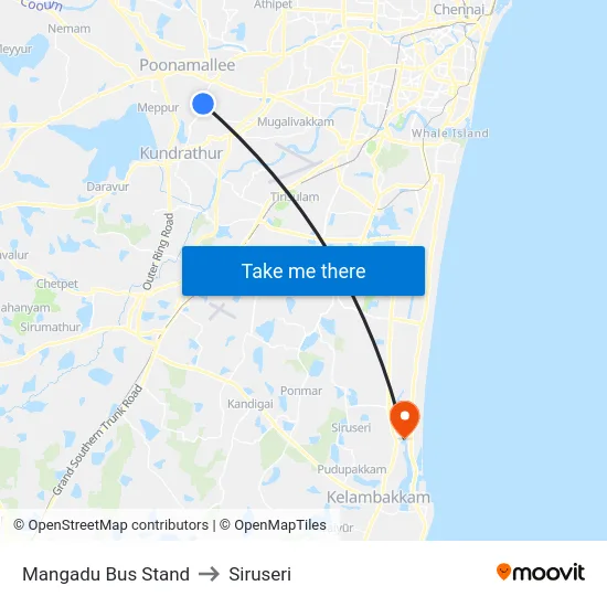 Mangadu Bus Stand to Siruseri map