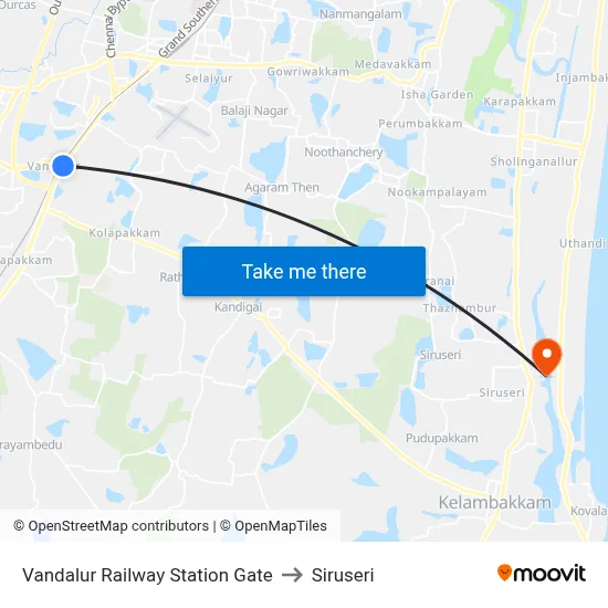 Vandalur Railway Station Gate to Siruseri map