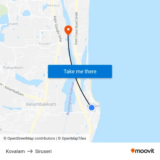 Kovalam to Siruseri map