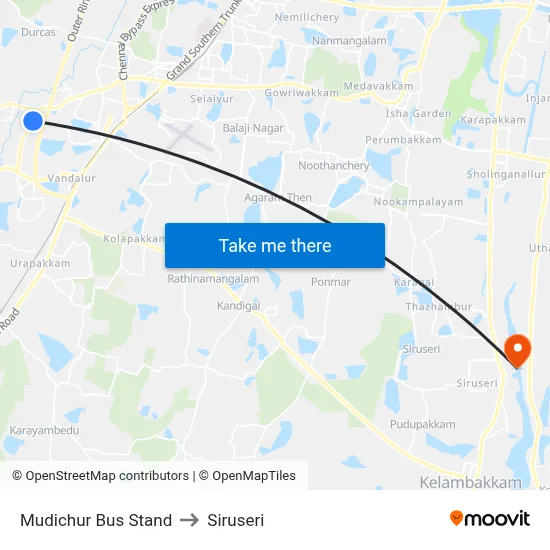 Mudichur Bus Stand to Siruseri map