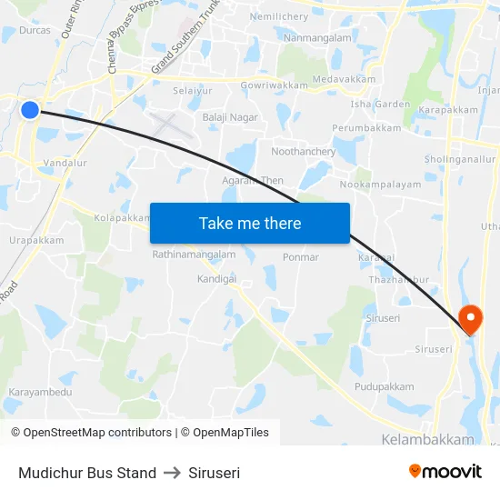 Mudichur Bus Stand to Siruseri map