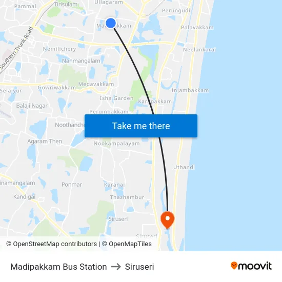 Madipakkam Bus Station to Siruseri map