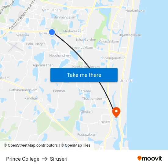 Prince College to Siruseri map