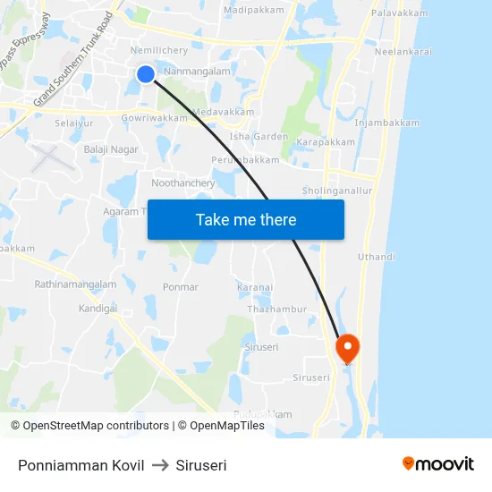 Ponniamman Kovil to Siruseri map