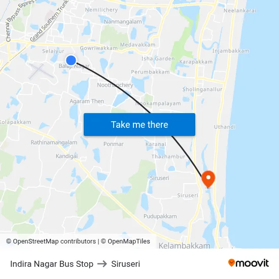 Indira Nagar Bus Stop to Siruseri map