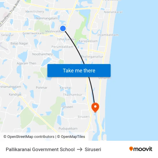 Pallikaranai Government School to Siruseri map