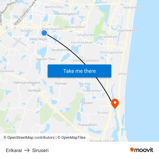 Erikarai to Siruseri map