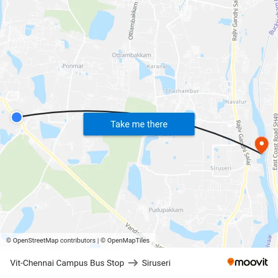 Vit-Chennai Campus Bus Stop to Siruseri map