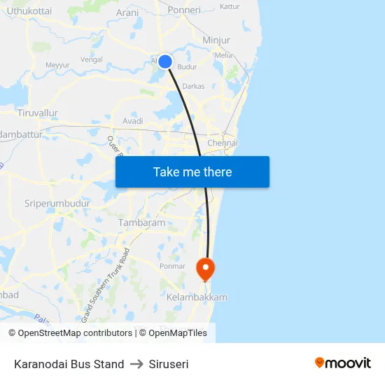 Karanodai Bus Stand to Siruseri map