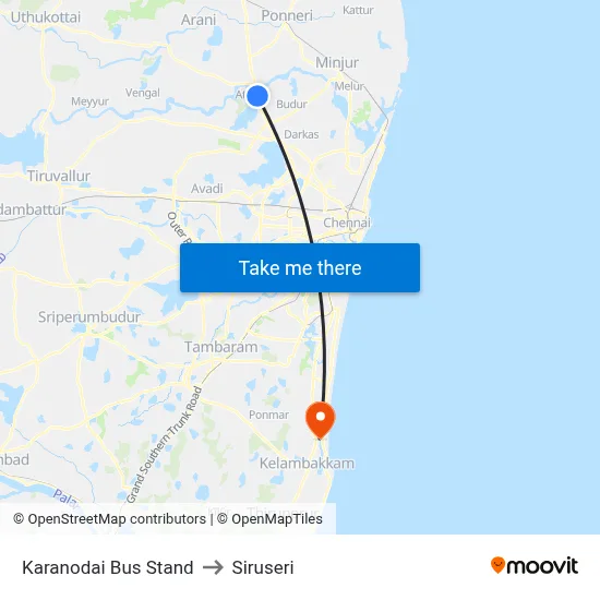 Karanodai Bus Stand to Siruseri map