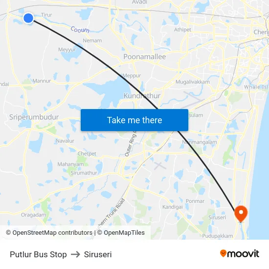 Putlur Bus Stop to Siruseri map