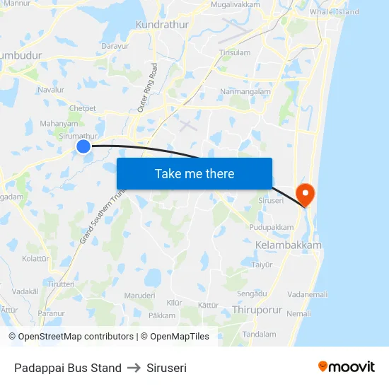 Padappai Bus Stand to Siruseri map