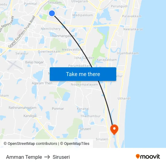 Amman Temple to Siruseri map