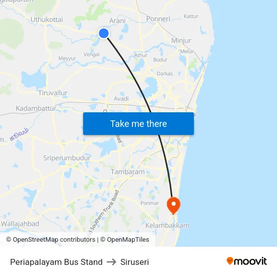 Periapalayam Bus Stand to Siruseri map