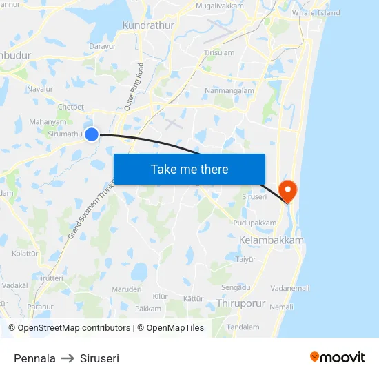 Pennala to Siruseri map