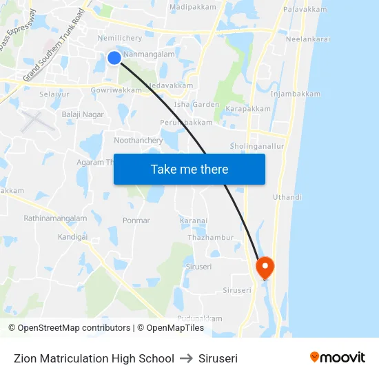 Zion Matriculation High School to Siruseri map
