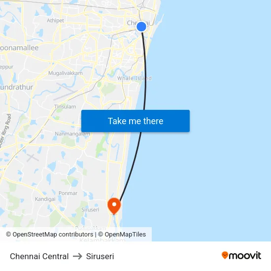 Chennai Central to Siruseri map