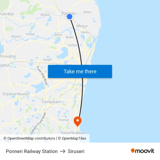 Ponneri Railway Station to Siruseri map