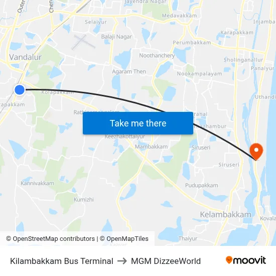 Kilambakkam Bus Terminal to MGM DizzeeWorld map