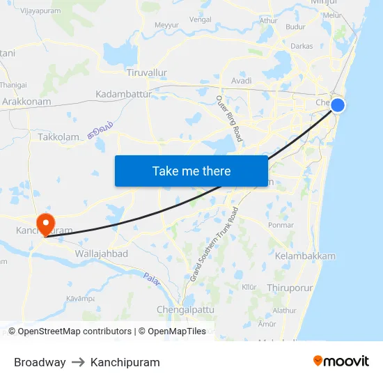 Broadway to Kanchipuram map