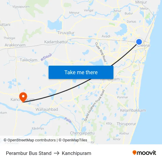 Perambur Bus Stand to Kanchipuram map