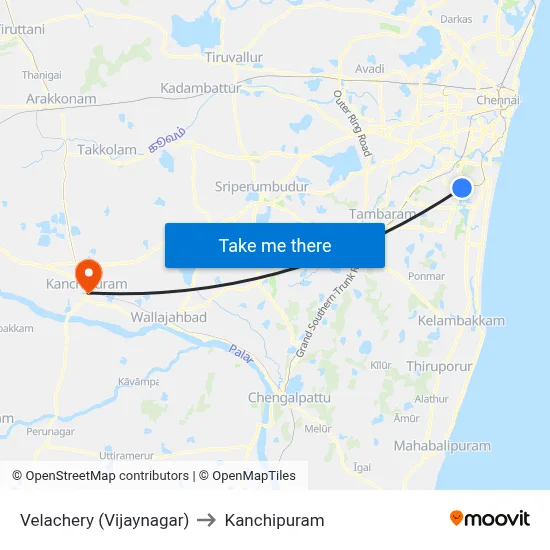 Velachery (Vijaynagar) to Kanchipuram map