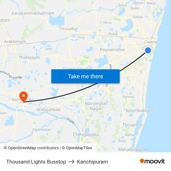 Thousand Lights Busstop to Kanchipuram map