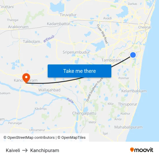 Kaiveli to Kanchipuram map