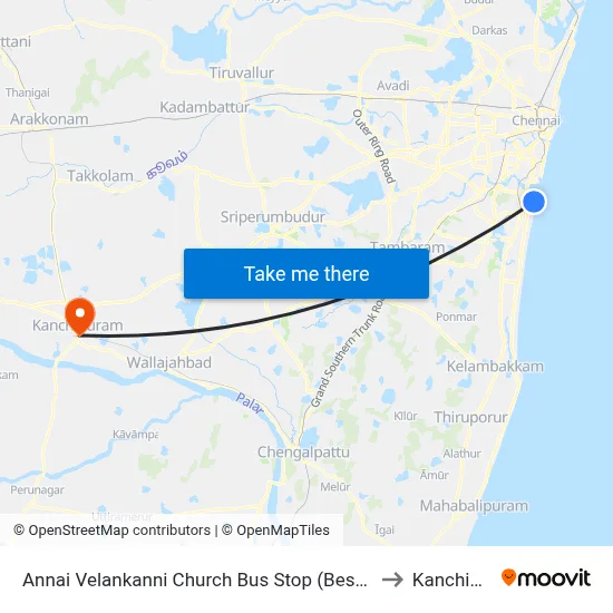 Annai Velankanni Church Bus Stop (Besant Nagar Chruch) to Kanchipuram map