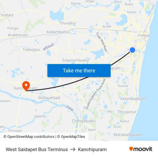 West Saidapet Bus Terminus to Kanchipuram map