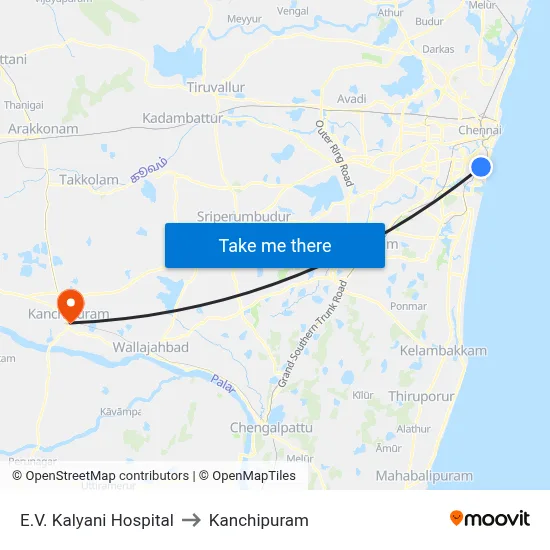 E.V. Kalyani Hospital to Kanchipuram map