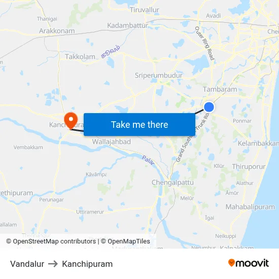 Vandalur to Kanchipuram map
