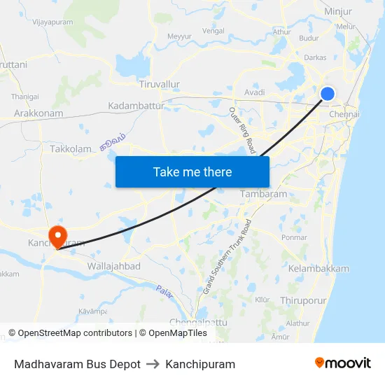 Madhavaram Bus Depot to Kanchipuram map