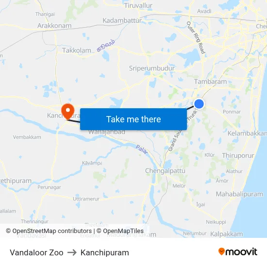 Vandaloor Zoo to Kanchipuram map