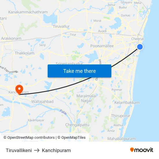 Tiruvallikeni to Kanchipuram map