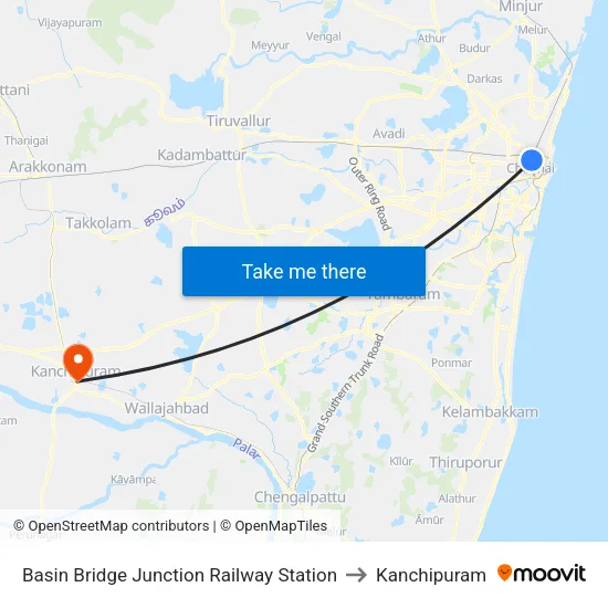 Basin Bridge Junction Railway Station to Kanchipuram map