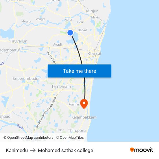 Kanimedu to Mohamed sathak college map