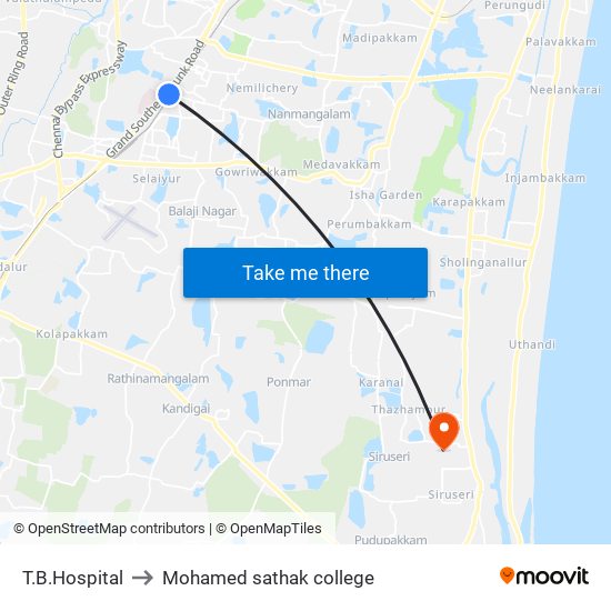 T.B.Hospital to Mohamed sathak college map